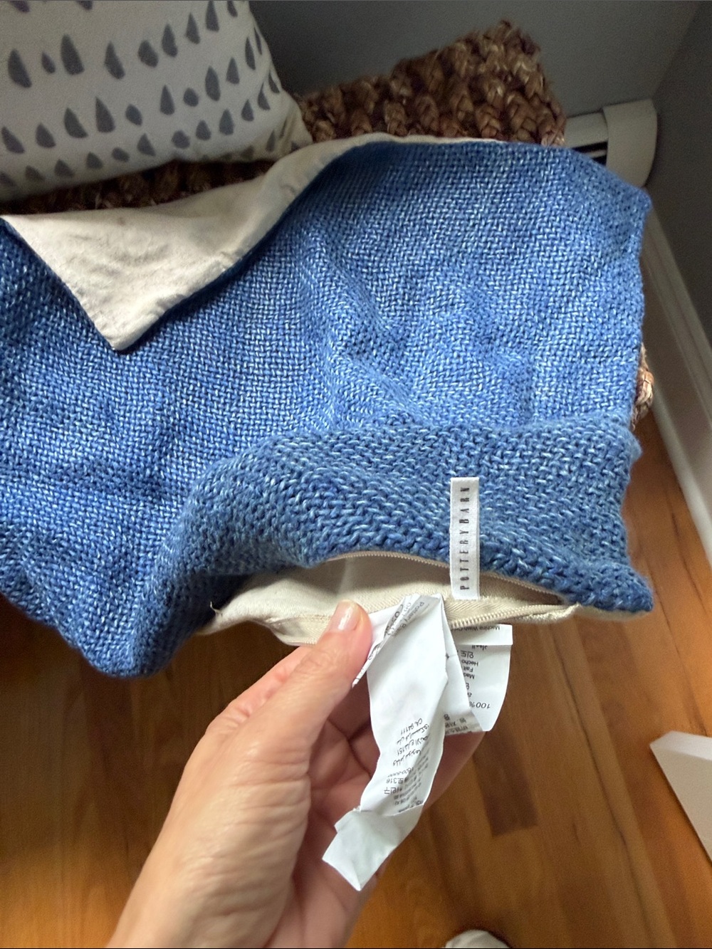 Pottery Barn Blue Knit Throw with Cream Backing